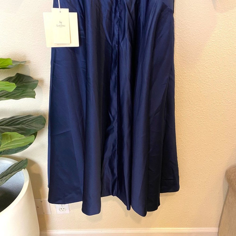 Lan Ting Bride V-Neck Quarter Sleeve Pleated A-Line Satin Tea Dress Navy Blue - Picture 4 of 8